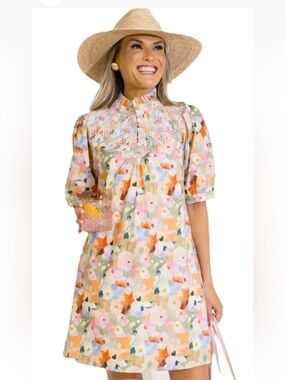 LOVELO Abstract Watercolor Floral Dress Size M Smocked Yoke Dreamy Playful Artsy
